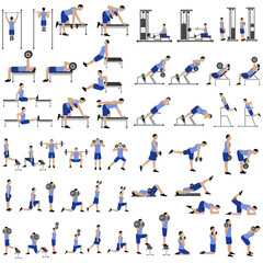 Workout man set. Male doing fitness exercises illustration
