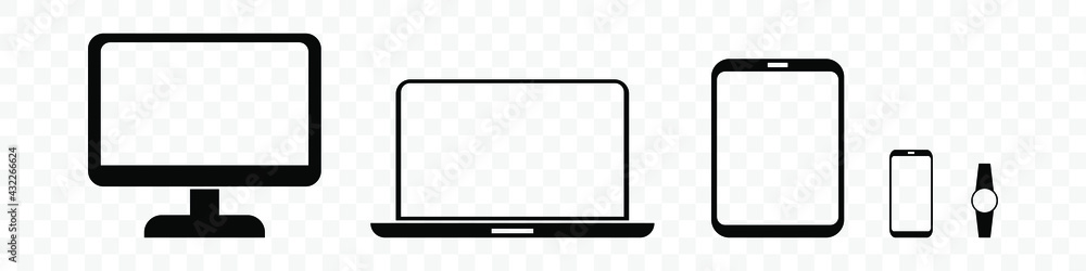 Poster desktop computer and laptop silhouette. black smartphone and tablet icons. vector device screen on t