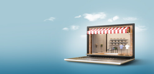 3 Rendering, E-commerce concept, Marketing Online, Shopping Online, Open shop Store on Laptop With Copy Space.