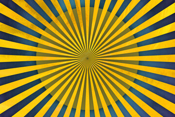 Retro groovy sunburst background pattern in 60s hippy style grunge textured vintage color palette of blue orange red beige and brown in spiral or swirled radial striped starburst retro groovy sunburst