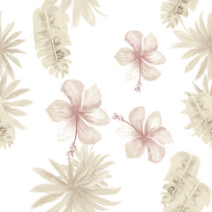 Gray Seamless Foliage. White Pattern Exotic. Brown Tropical Hibiscus. Banana Leaves. Flower Palm. Floral Art. Watercolor Exotic. Decoration Plant.