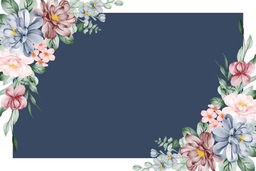 Floral watercolor frame background with pink blue and burgundy flower