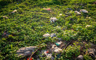 Spilled garbage on the grass floor. Trash its negative impact on wildlife and the natural environment, and its detriment to our very own public health.