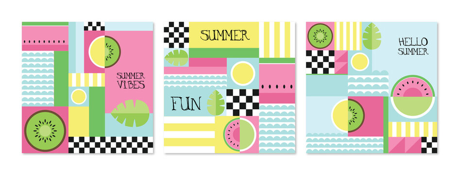 Summer colorful design watermelon and kiwi fruit bright color banner vector set