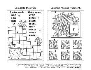 Activity page with two puzzles. Fill-in crossword puzzle or word game. Spot the missing fragment of the picture with pencils. Black and white. Answers included.
