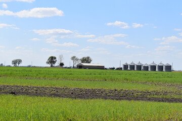 Farm Field with a Barn and Grain Bins