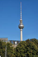 The Fernsehturm, Berlins highest building, with a clear blue sky