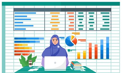 Young Woman Accountant Work with Accounting Paperwork Program on Laptop Screen in Office. Financial Flat Vector Illustration. Can be Used for Digital and Printable Infographic