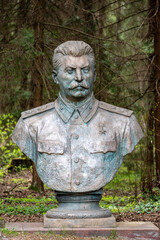 Druskininkai, Lithuania - May 1 2021: Stalin bronze sculpture bust, Russian revolutionary,...