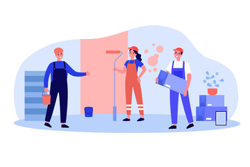 Professional repairmen repairing apartment. Wall, uniform, painting flat vector illustration. Renovation and repair service concept for banner, website design or landing web page
