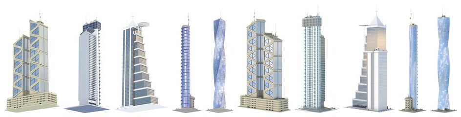 10 different angles views fine detailed renders of fictional design futuristic buildings with blue cloudy sky reflections - isolated, 3d illustration of architecture