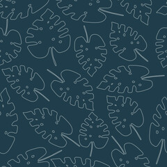 Seamless pattern with pastel blue outline tropical monstera leaves on a dark green blue background. The pattern can be used for wrapping papers, cards, wallpapers, covers, textile prints. Vector.