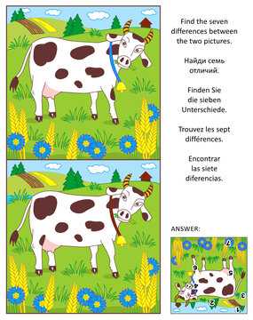 Visual puzzle: Find the seven differences between the two pictures of spotted milk cow on the pasture. Answer included.
