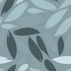 Seamless baby pattern with light and dark gray blue hand drawn leaves on a gray background. The pattern can be used for wrapping papers, cards, wallpapers, covers, textile prints. Vector illustration.