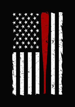 American baseball flag. Black and white USA flag and red baseball bat vector. Design element for poster, t-shirt print, card, advertising