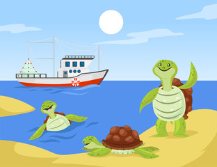 Group of turtles cartoon characters on seashore illustration. Happy tortoise family or friends playing on beach, swimming in water, lying on sand, waving at sailing ship. Summer, vacation concept