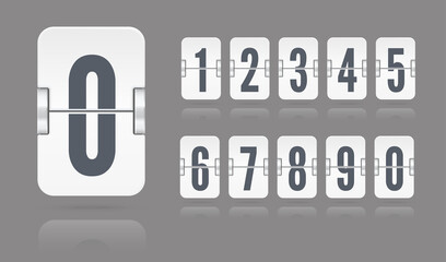 White flip mechanical score board numbers floating with reflections on gray background. Vector template for time counter or web page timer