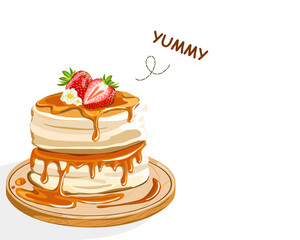 Isolated Fluffy pancake with strawberries topping and honey on a wooden plate. Japanese pancake. Close up realistic vector illustration on white background.
