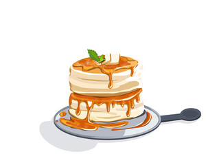 Isolated Fluffy pancake with cheese and honey on a plate. Japanese pancake. Close up realistic vector illustration on white background.