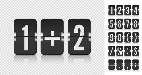 Flip numbers and symbols font for information web page or time counter. Analog countdown number font. Vintage floating symbols for time meter vector template.