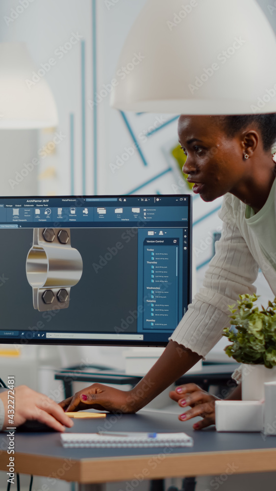 Poster industrial engineer and african project manager working on 3d construction metalic components in cad