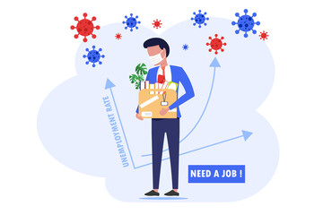 A worker losing job due to COVID 19 pandemic, staff finding a job during coronavirus outbreak, business in recession and bankruptcy, unemployment concept affected by virus