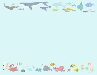 海の動物のかわいいフレーム(青背景ー横長)