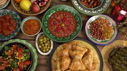Eid mubarak, Ramadan table top view. Festive traditional Middle Eastern Muslim Halal foods in plates. Celebration of Eid al-Adha