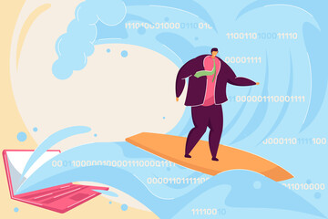 Surfing Internet flat vector illustration. Man travelling in world of Internet and binary codes, riding virtual wave on surfboard, appearing from computer. Internet, modern technology, surfing concept