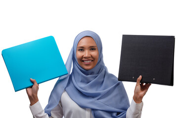 portrait of young smiling asian muslim business woman in blue hijab holding two document folders isolated over white background