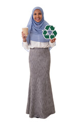 environment, eco living and sustainability concept - full length portrait of happy smiling  asian muslim woman holding green recycling sign and takeaway paper coffee cup isolated 