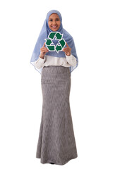 environment, eco living and sustainability concept - full length portrait of happy smiling young asian muslim woman holding green recycling sign isolated over white background