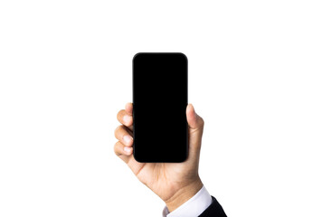 Fototapeta na wymiar Close up male hand holding blank screen of smartphone on isolated white background. With clipping path.