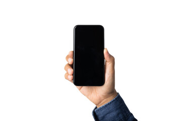 Close up male hand holding blank screen of smartphone on isolated white background. With clipping path.