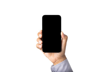 Close up male hand holding blank screen of smartphone on isolated white background. With clipping path.