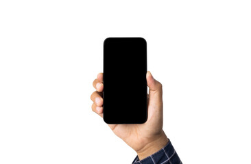 Close up male hand holding blank screen of smartphone on isolated white background. With clipping path.