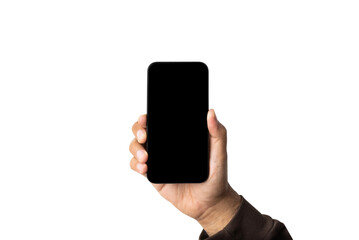 Close up male hand holding blank screen of smartphone on isolated white background. With clipping path.