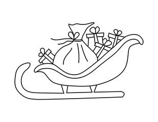 Christmas sleigh of Santa Claus with bag and gift boxes. New Year and Christmas theme. Cute Christmas sleigh. Vector illustration hand drawn in outline doodle style.