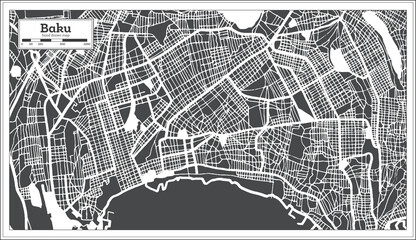 Baku Azerbaijan City Map in Black and White Color in Retro Style. Outline Map.