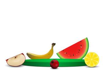 green podium with mix fruit background in the white room