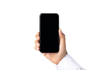 Close up male hand holding blank screen of smartphone on isolated white background. With clipping path.