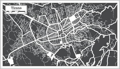 Tirana Albania City Map in Black and White Color in Retro Style. Outline Map.