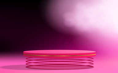 pink cylinder podium on the pink spring with smoke and spotlight in the dark room
