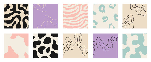 Trendy social media set of ten abstract backgrounds with abstract organic shapes composition in contemporary collage minimal style.