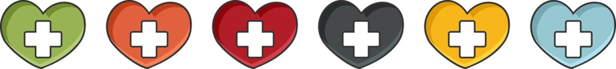 Colourful care icons with a heart for generosity, support or cardiology