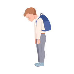 Embarrassed Little Boy with Backpack Having Guilty Look Bowing His Head in Shame Vector Illustration - obrazy, fototapety, plakaty