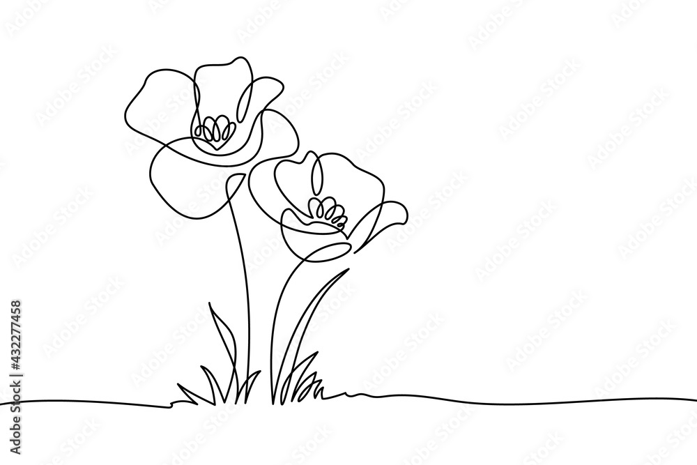 Wall mural Poppy flowers in continuous line art drawing style. Doodle floral border with two flowers blooming among grass. Minimalist black linear design isolated on white background. Vector illustration