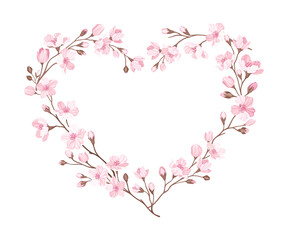 Obraz na płótnie Canvas Heart Shaped Frame Arranged of Twigs of Sakura or Cherry Blossom Vector Illustration