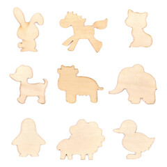 Wooden toys with animal figures on white background