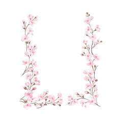 Twigs of Sakura or Cherry Blossom Arranged in Rectangular Frame Vector Illustration